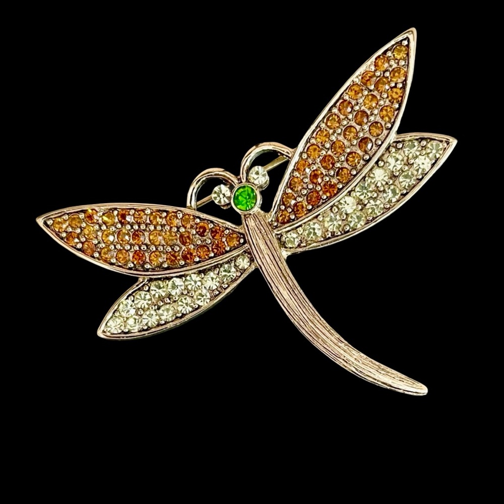 Vintage Antiqued Goldtone Dragonfly Brooch With Pave Swarovski Crystals